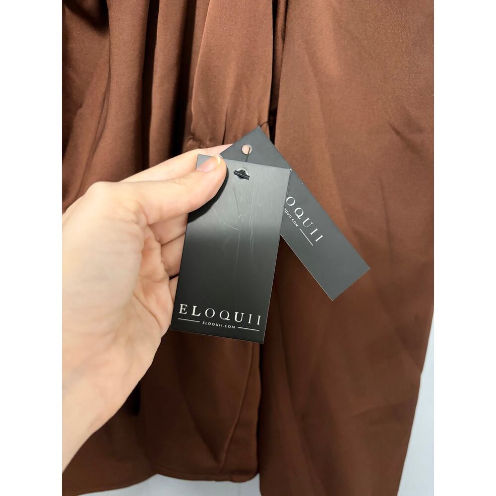 NEW Eloquii Brown Satin Elastic Waist Off the Shoulder Puff Sleeves Top 14 - Picture 4 of 10